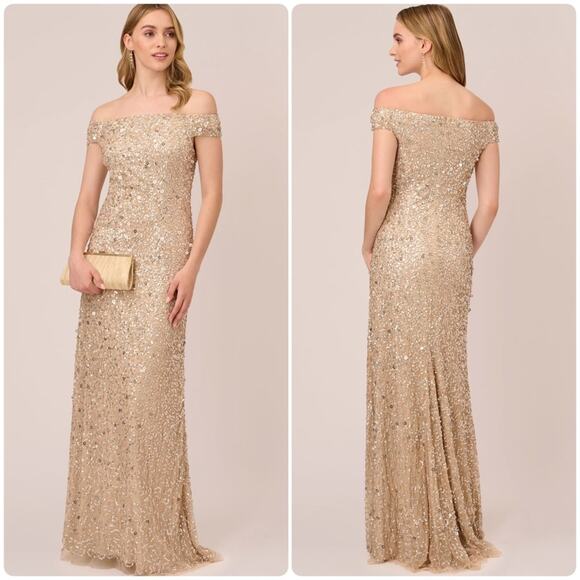 NWT Adrianna Papell Off The Shoulder Sequin Beaded Gown Dress in Champaign Sz 8 - Picture 1 of 15